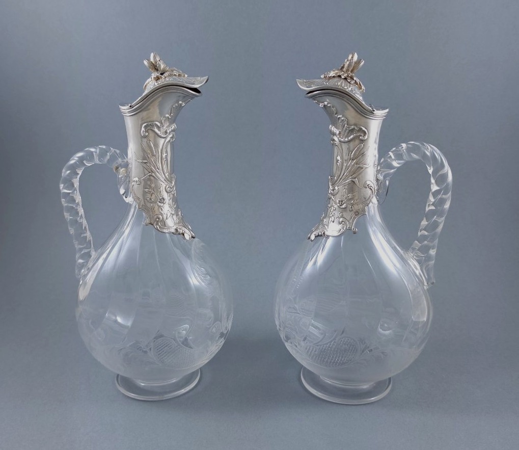 Pair Of Small Crystal And Sterling Silver Pitchers