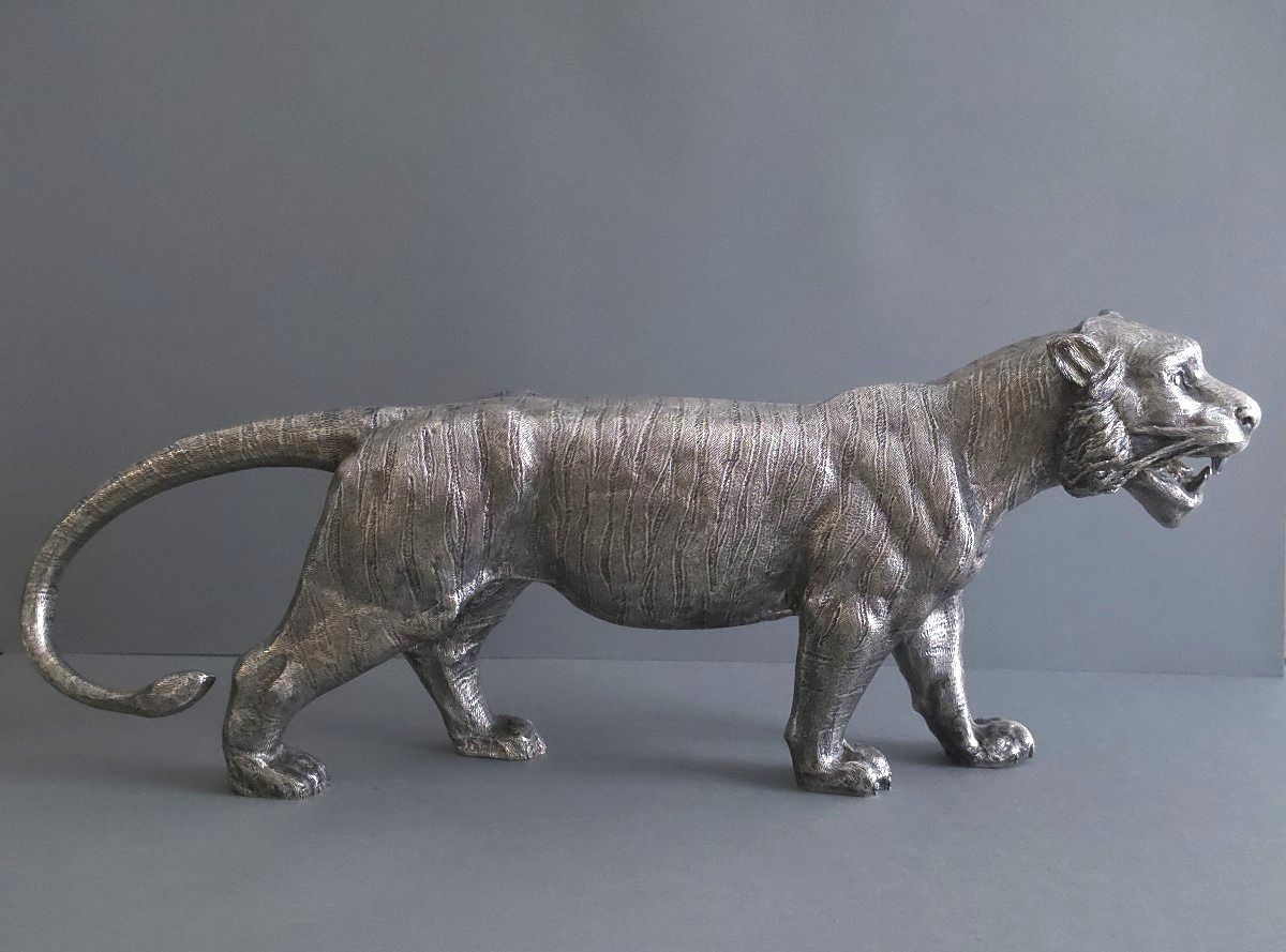Sculpture tigre en argent massif