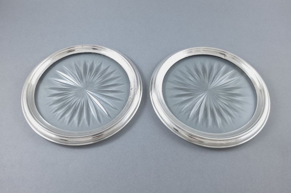 Paire de dessous de bouteille en verre et argent massif-photo-2