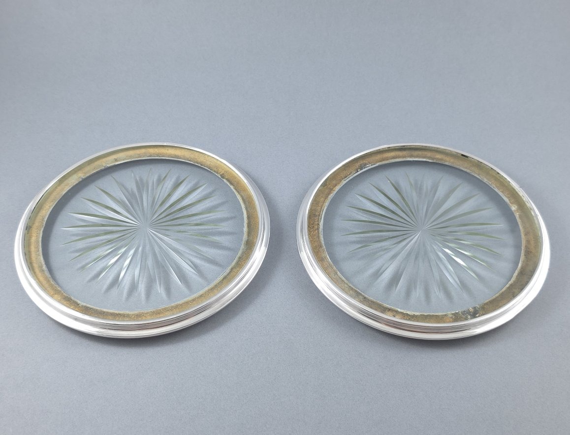 Paire de dessous de bouteille en verre et argent massif-photo-1