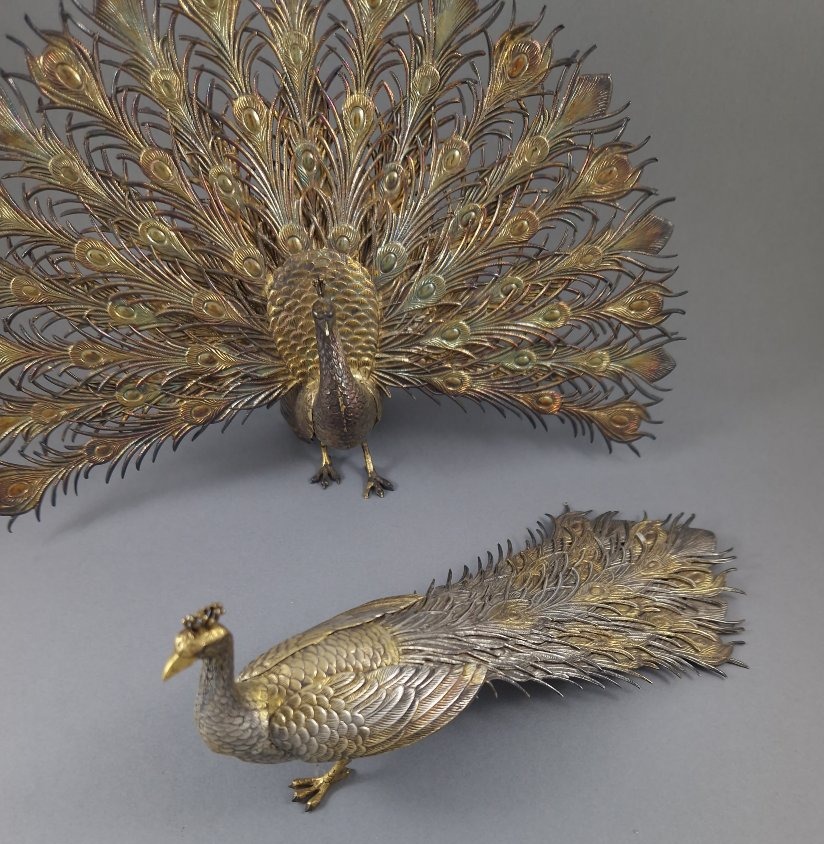 2 Peacocks Made Of Solid Silver And Vermeil -photo-2