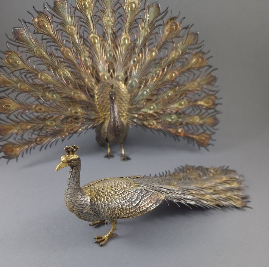 2 Peacocks Made Of Solid Silver And Vermeil -photo-3