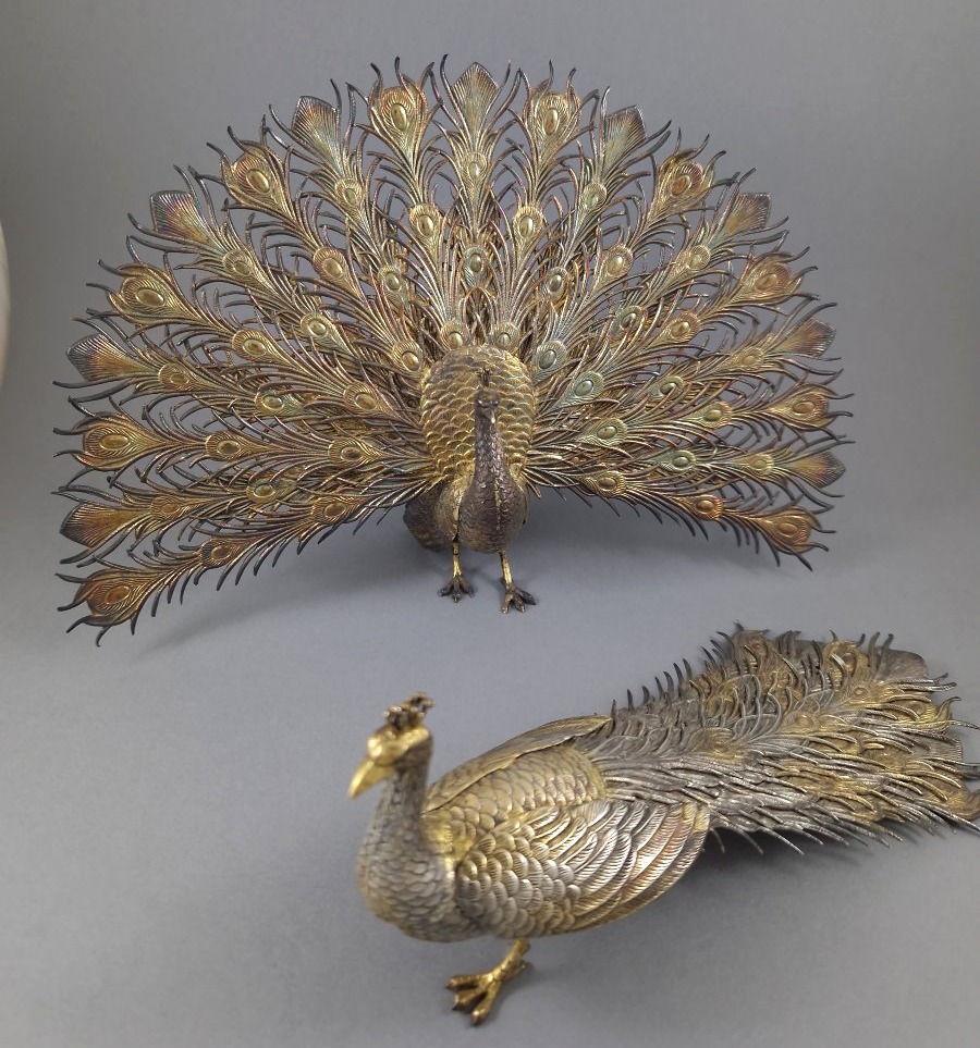 2 Peacocks Made Of Solid Silver And Vermeil -photo-4