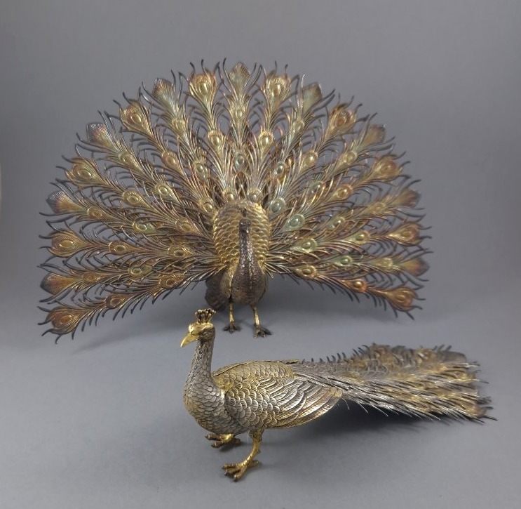 2 Peacocks Made Of Solid Silver And Vermeil -photo-3
