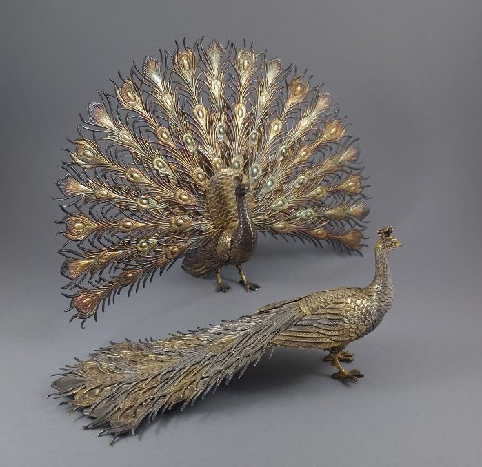 2 Peacocks Made Of Solid Silver And Vermeil 