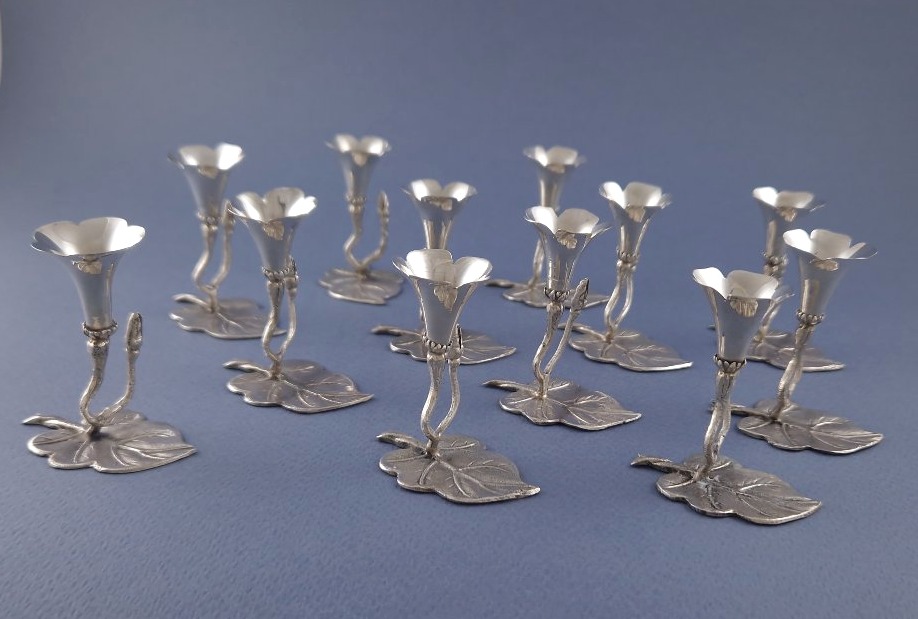 12 Sterling Silver Flower Place Card Holders-photo-3