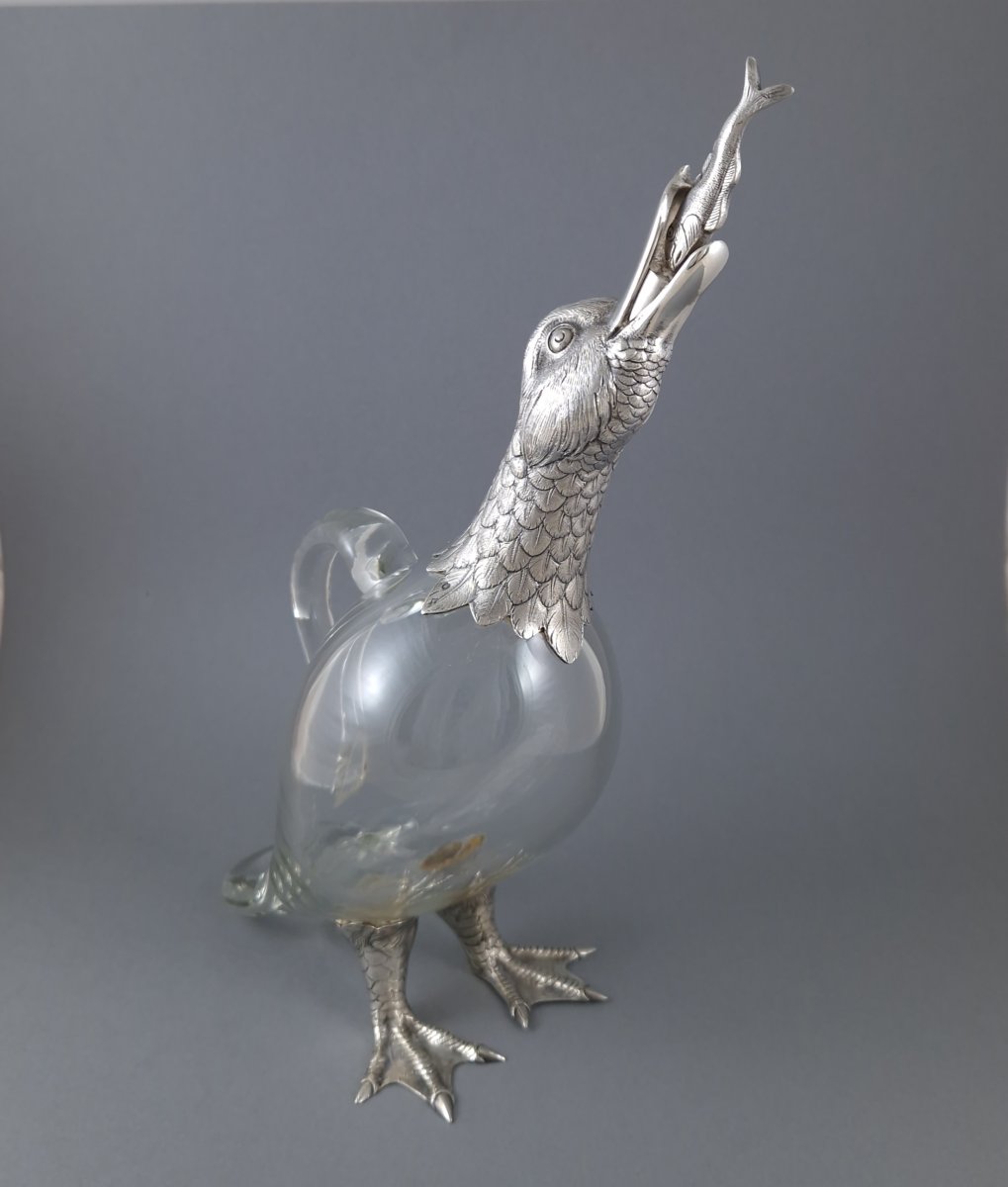 Carafe canard en verre et argent massif-photo-3