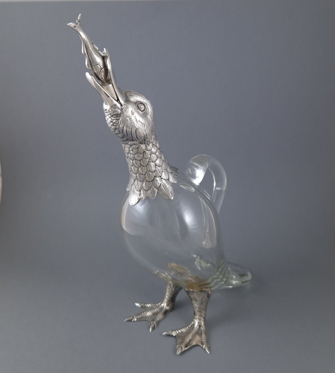 Carafe canard en verre et argent massif-photo-2