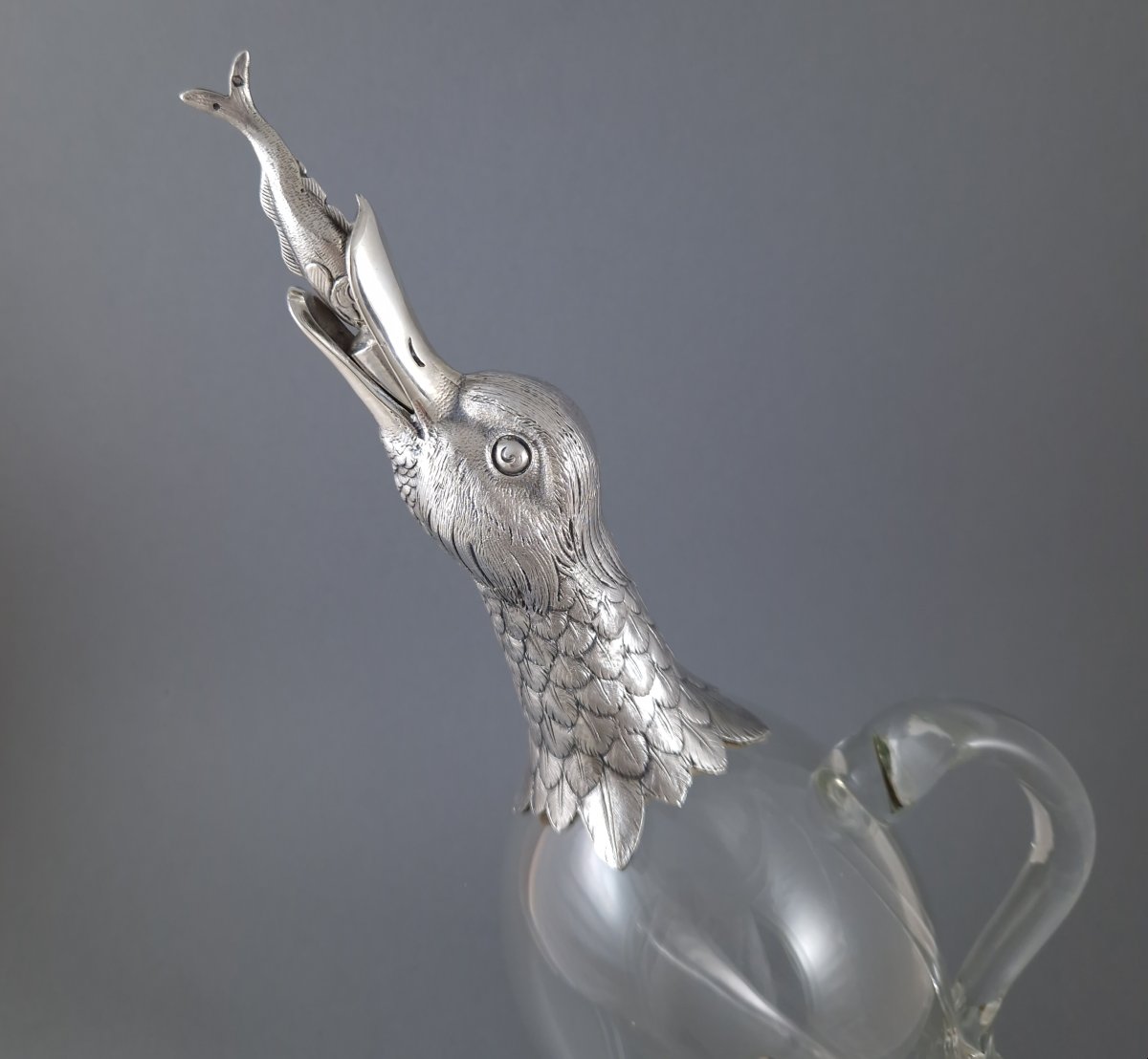 Carafe canard en verre et argent massif-photo-3