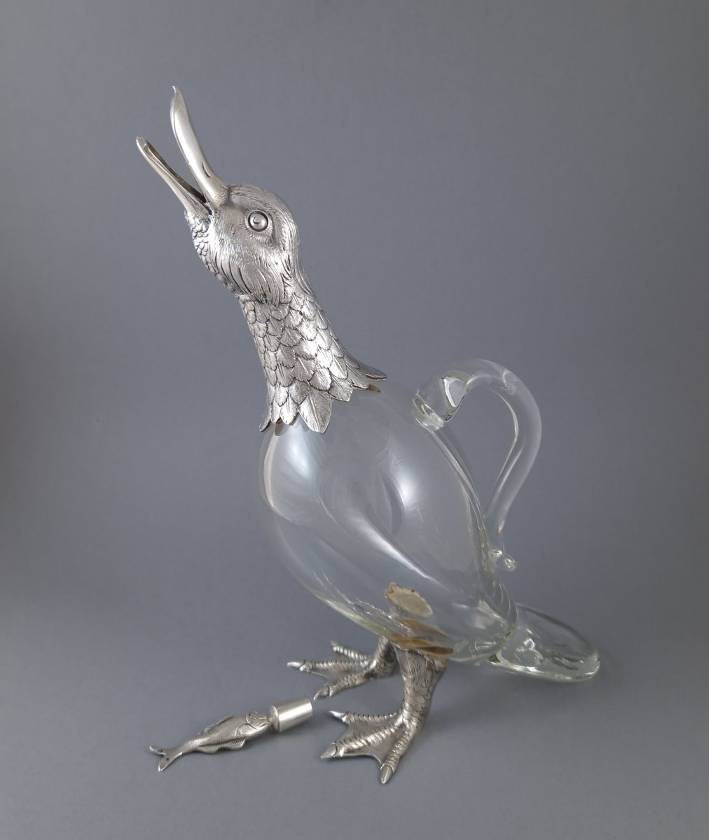 Carafe canard en verre et argent massif-photo-4