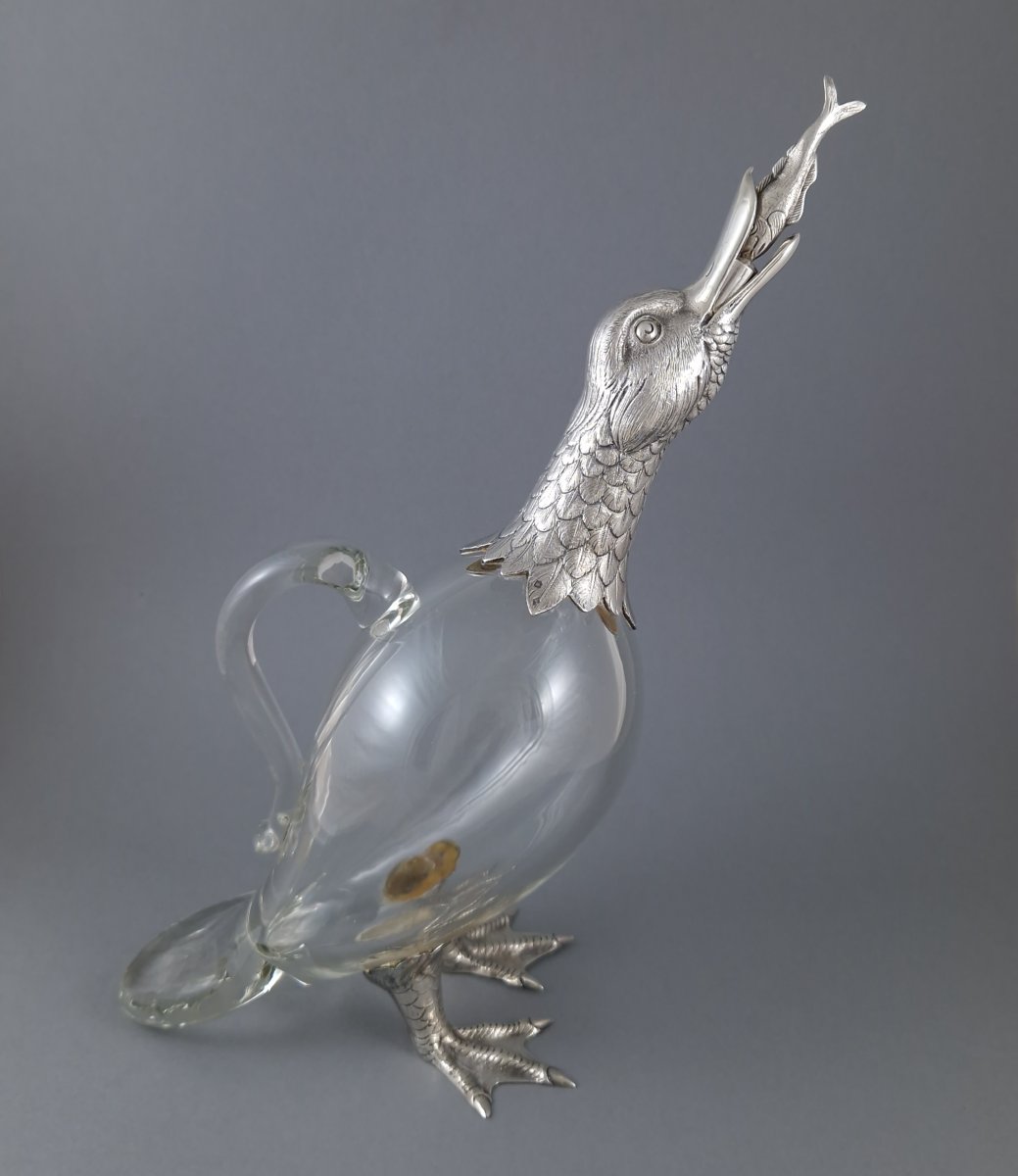Carafe canard en verre et argent massif