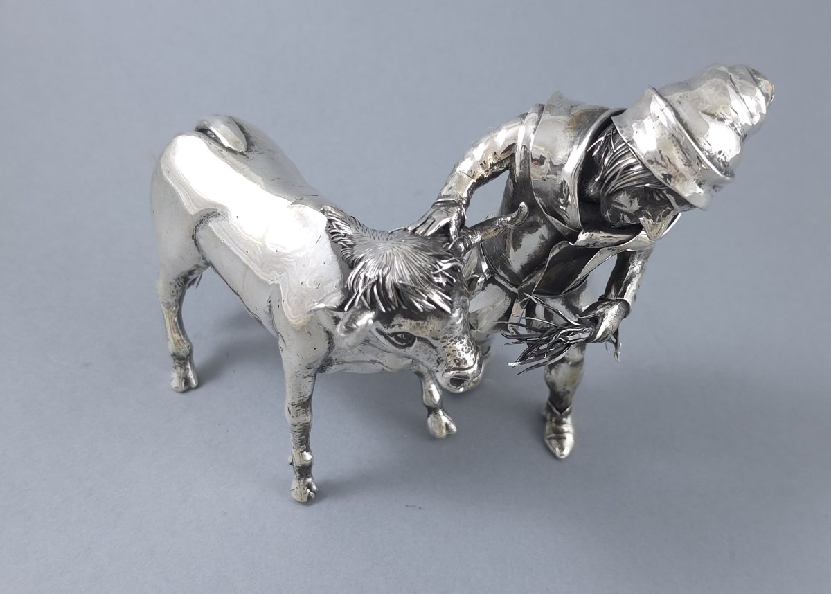 Solid Silver Sculpture Of A Young Farmer And His Ox-photo-2
