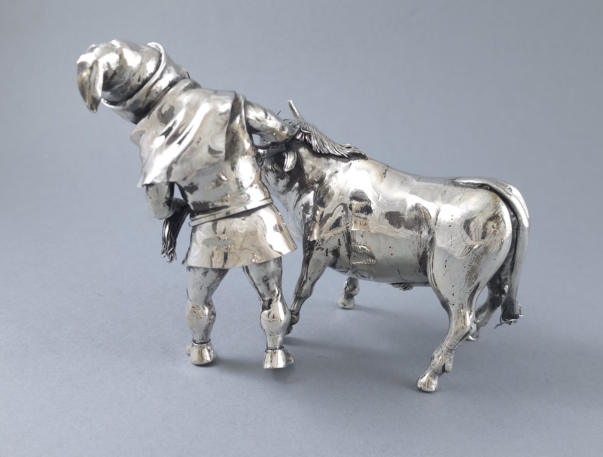Solid Silver Sculpture Of A Young Farmer And His Ox-photo-4