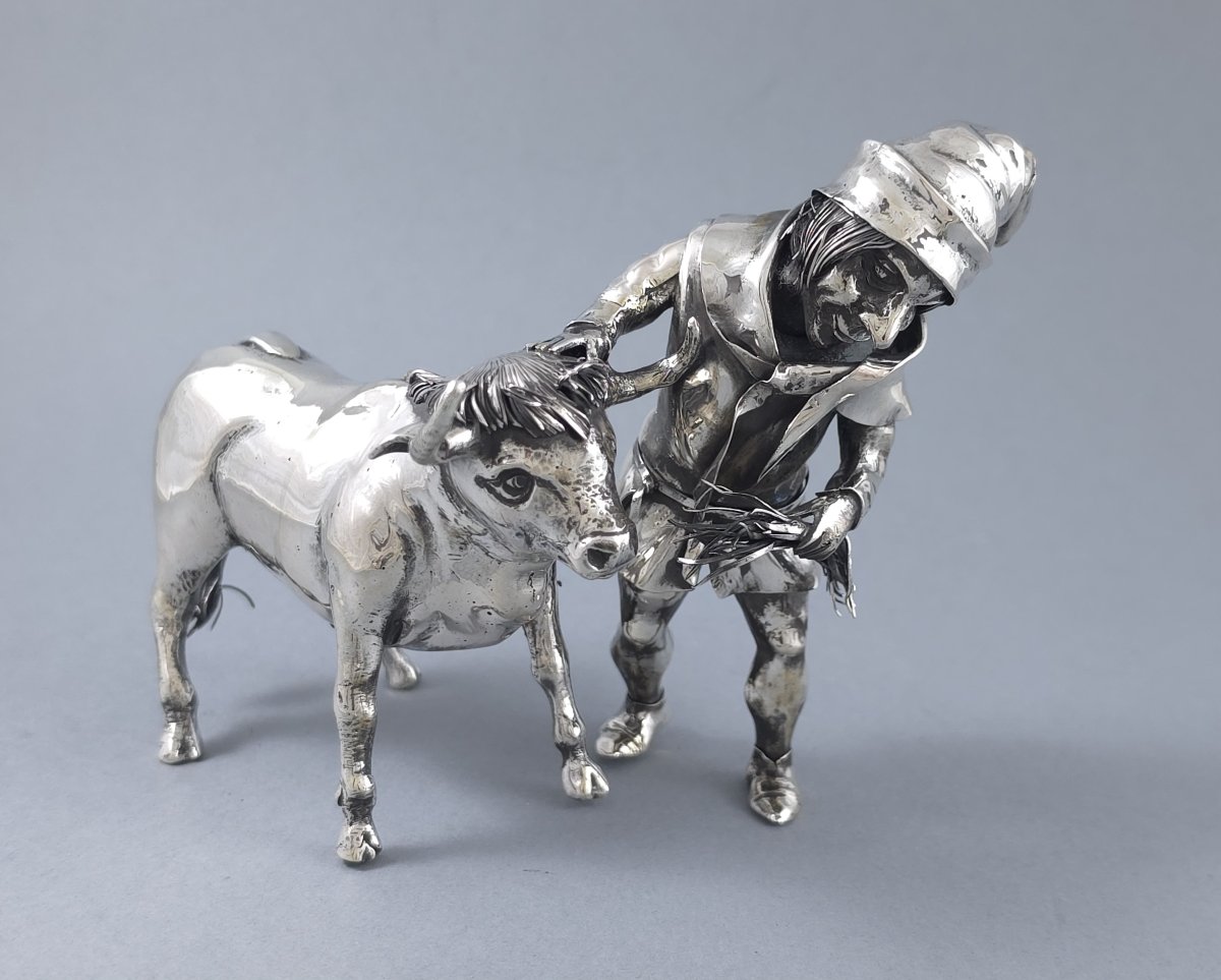 Solid Silver Sculpture Of A Young Farmer And His Ox