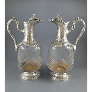 Pair Of Crystal And Sterling Silver Ewers