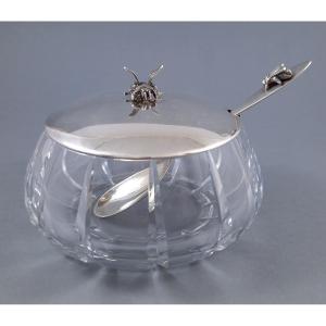 Glass And Sterling Silver Honey Pot