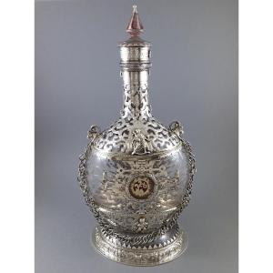 Gourde de pèlerin en verre et argent massif