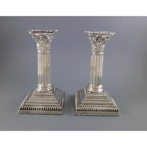 Pair Of Sterling Silver Column Candlesticks