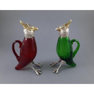 2 verseuses oiseau en verre et argent massif
