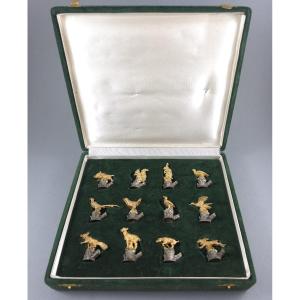 12 Sterling Silver And Gilt Place Card Holders Theme Of Hunting