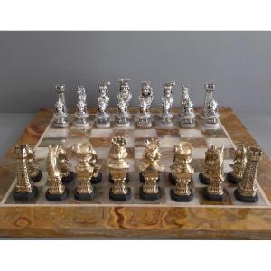 Jeu d'échecs en argent massif, vermeil et onyx