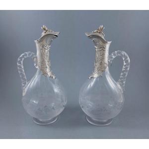 Paire de petites verseuses en cristal et argent massif