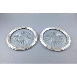 Pair Of Glass And Sterling Silver Bottle Coasters
