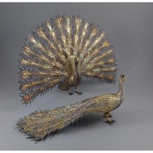 2 Peacocks Made Of Solid Silver And Vermeil