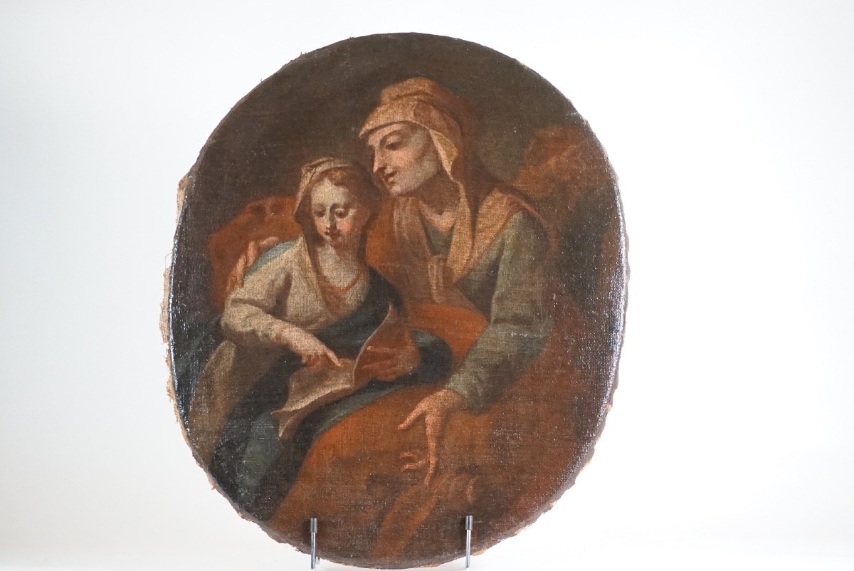  L’Éducation de la Vierge – Élégante Huile sur Toile Ovale du XVIIIe Siècle (École Italienne)-photo-2