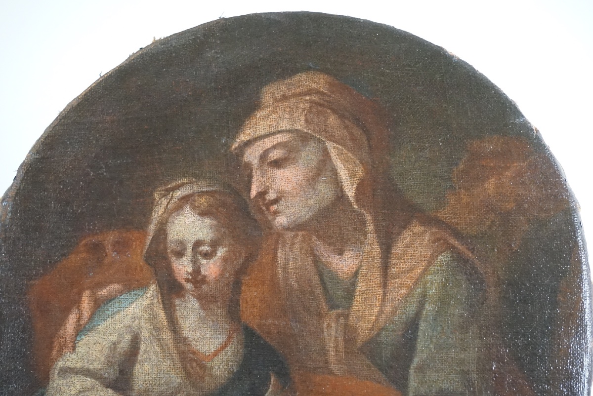  L’Éducation de la Vierge – Élégante Huile sur Toile Ovale du XVIIIe Siècle (École Italienne)-photo-3