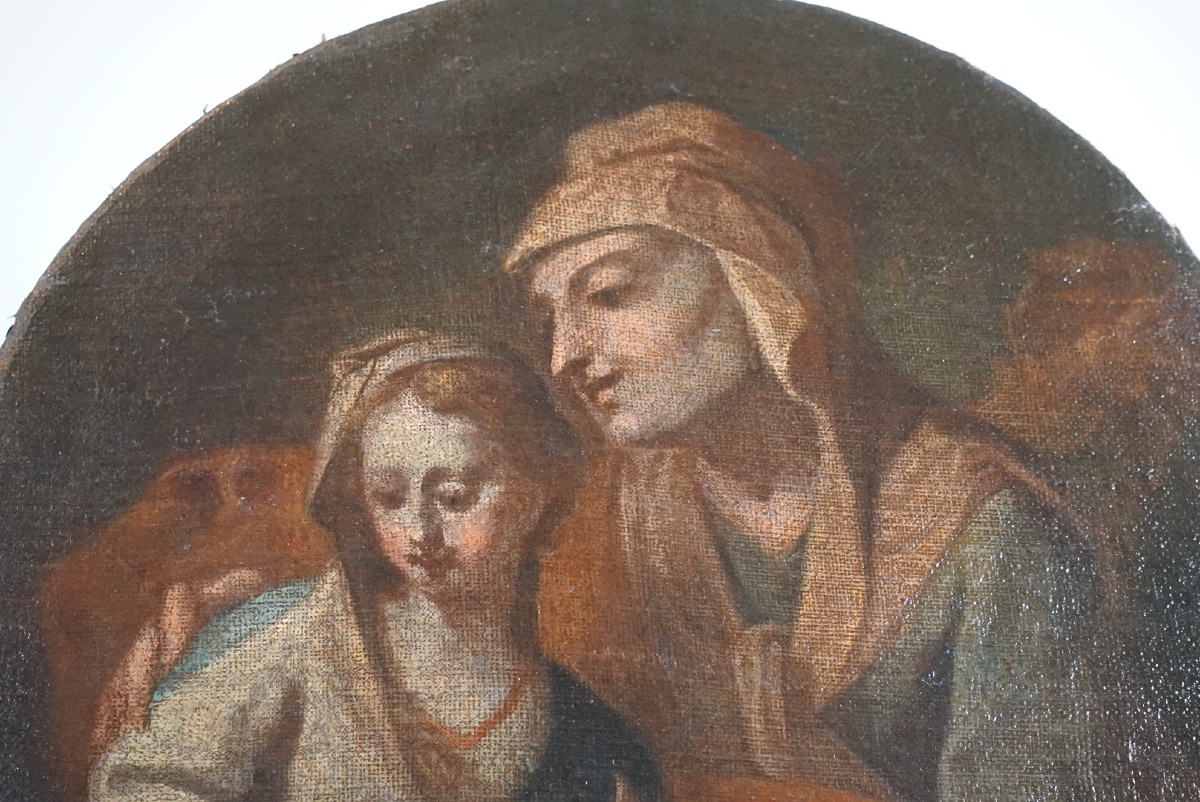  L’Éducation de la Vierge – Élégante Huile sur Toile Ovale du XVIIIe Siècle (École Italienne)-photo-2