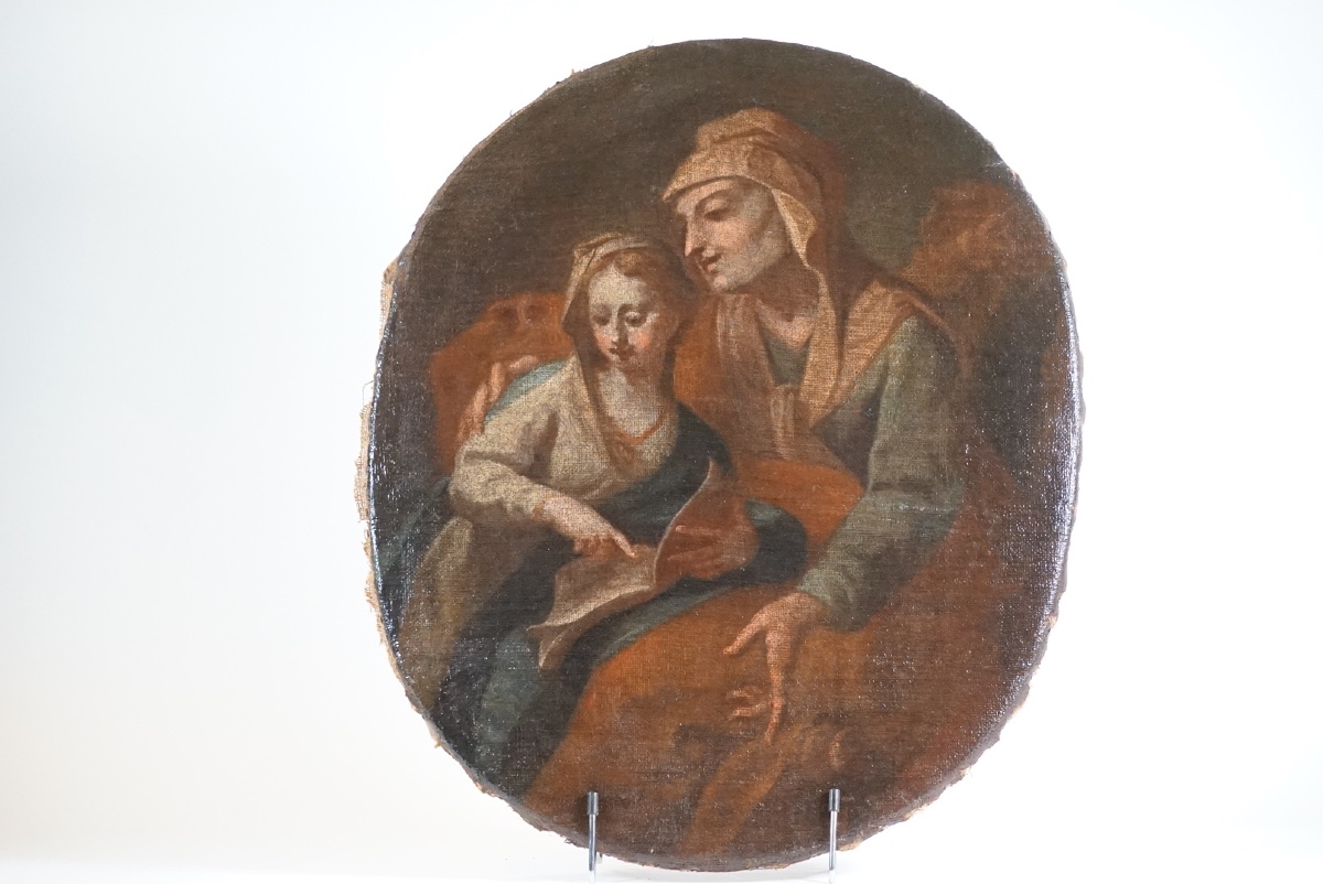  L’Éducation de la Vierge – Élégante Huile sur Toile Ovale du XVIIIe Siècle (École Italienne)
