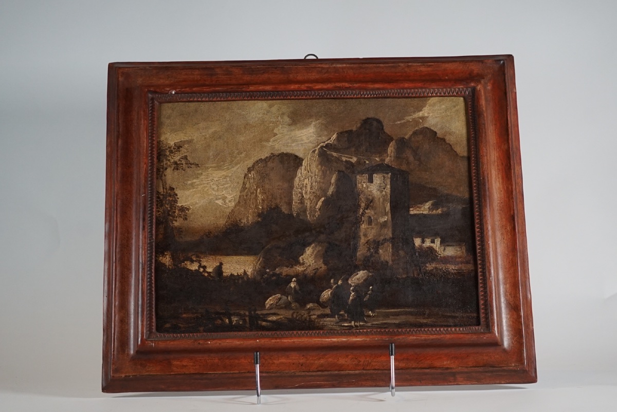 Paysage alpin avec forteresse et voyageurs – Attribuable à Antonio Ciocio -photo-2