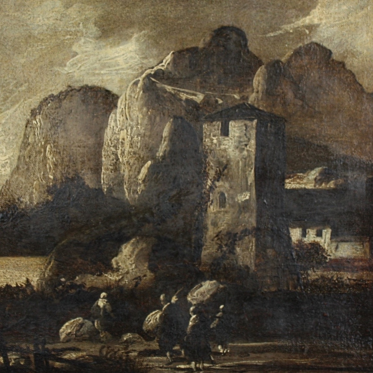 Paysage alpin avec forteresse et voyageurs – Attribuable à Antonio Ciocio -photo-4