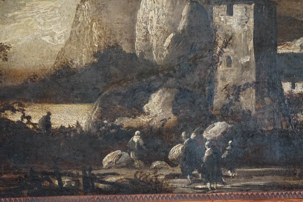 Paysage alpin avec forteresse et voyageurs – Attribuable à Antonio Ciocio -photo-6