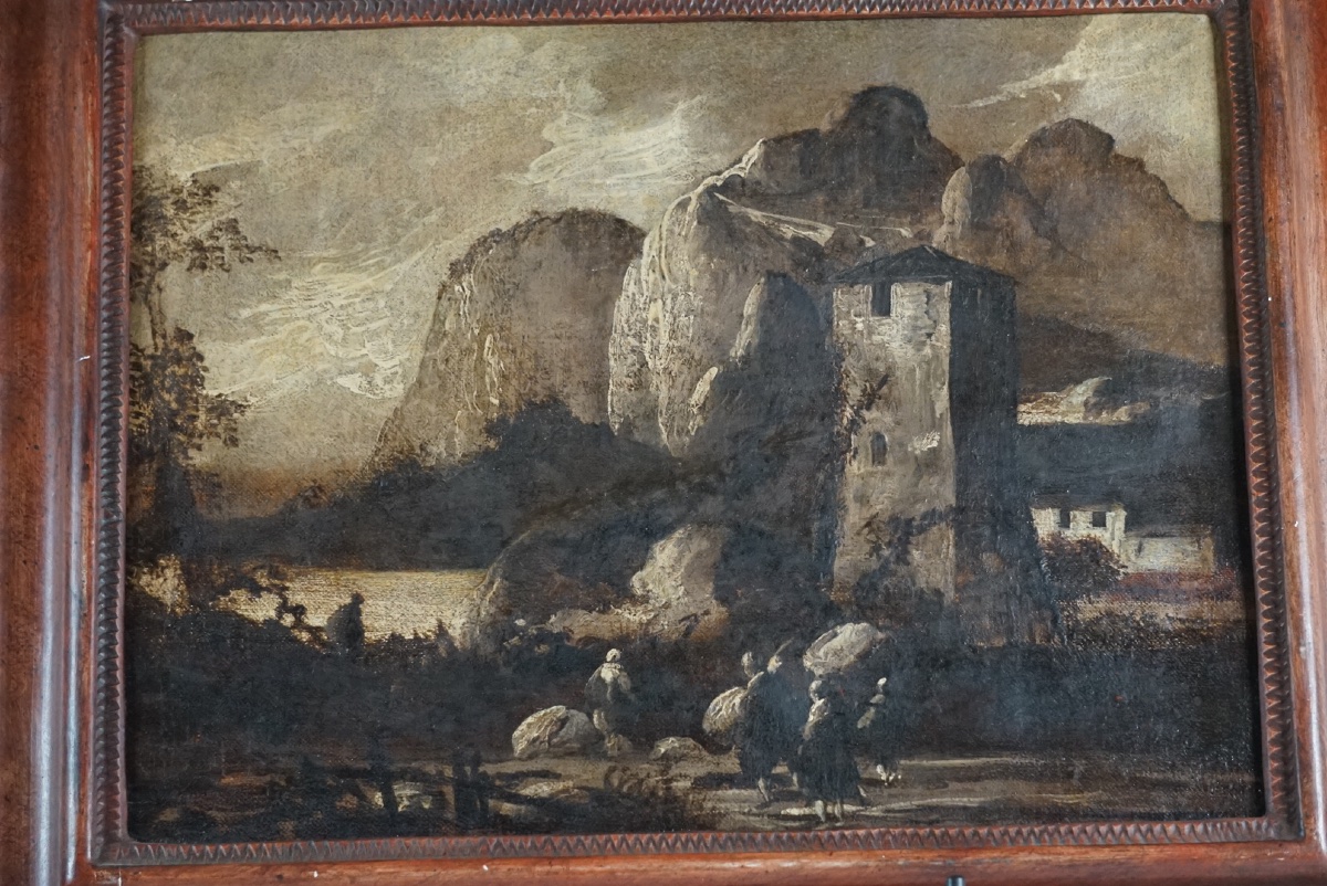 Paysage alpin avec forteresse et voyageurs – Attribuable à Antonio Ciocio -photo-7