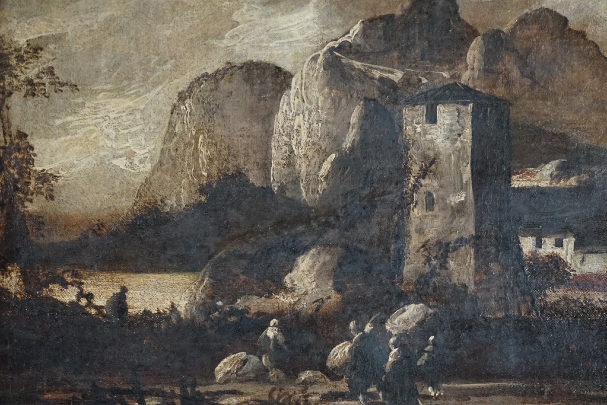 Paysage alpin avec forteresse et voyageurs – Attribuable à Antonio Ciocio 