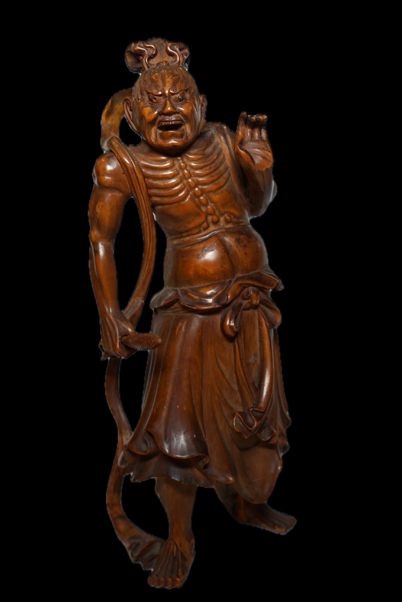 Rare Pair Of Okimono / Niō Sculptures In Boxwood (tsuge), Signed Kogetsu (光月) – Japan 19th-photo-2