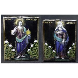 Paire De Plaques En Émail Peint De Limoges, "Iesvs & Mater Amabilis", Jacques II Laudin, XVIIe-
