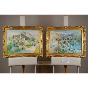 Monumentale Paire d'Aquarelles par Émile Appay (1876–1935) – "Zilia (Corse)" & "La Scierie 