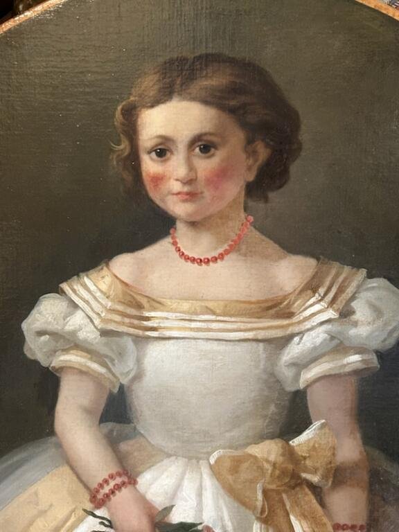 Little Girl With A Bouquet, Hst 19th Century-photo-6