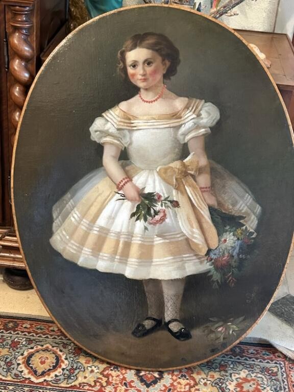Little Girl With A Bouquet, Hst 19th Century