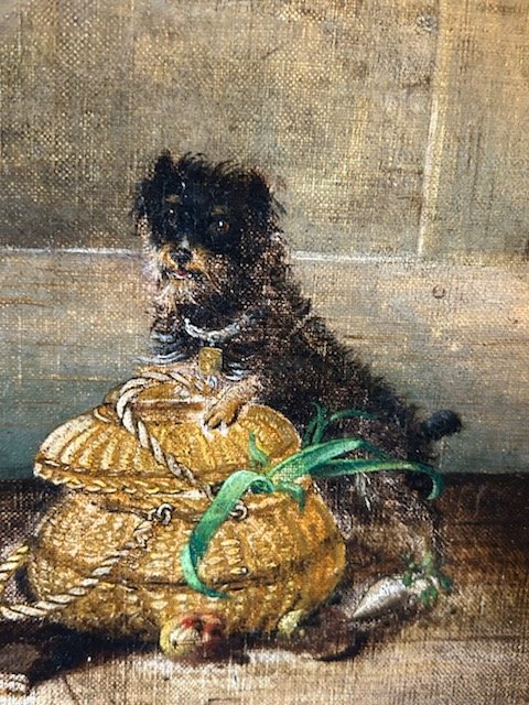 Chiens autour d'un panier HST du 19ème-photo-3