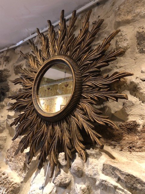 Grand Miroir Soleil En Bois Doré-photo-2