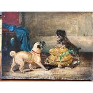 Chiens autour d'un panier HST du 19ème