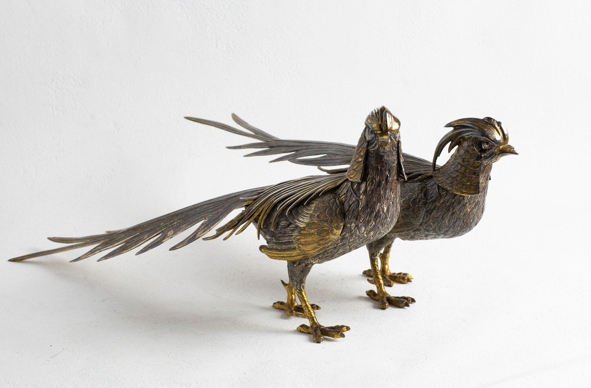 A Pair Of Silver Golden Pheasant Figures-photo-2