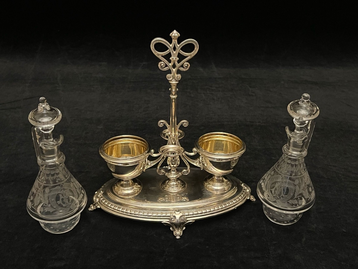 Huilier-vinaigrier En Argent Massif Et Verre Engravé-photo-3