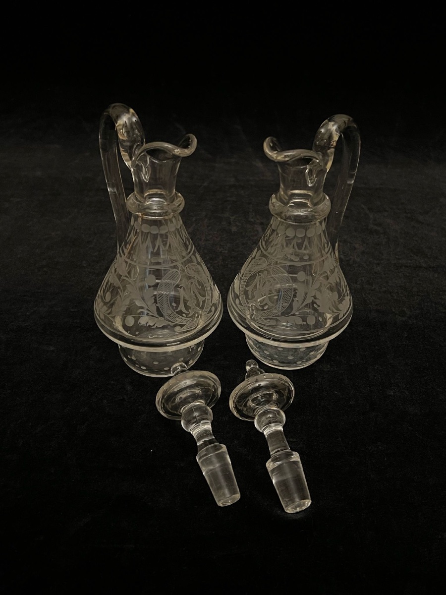Huilier-vinaigrier En Argent Massif Et Verre Engravé-photo-4