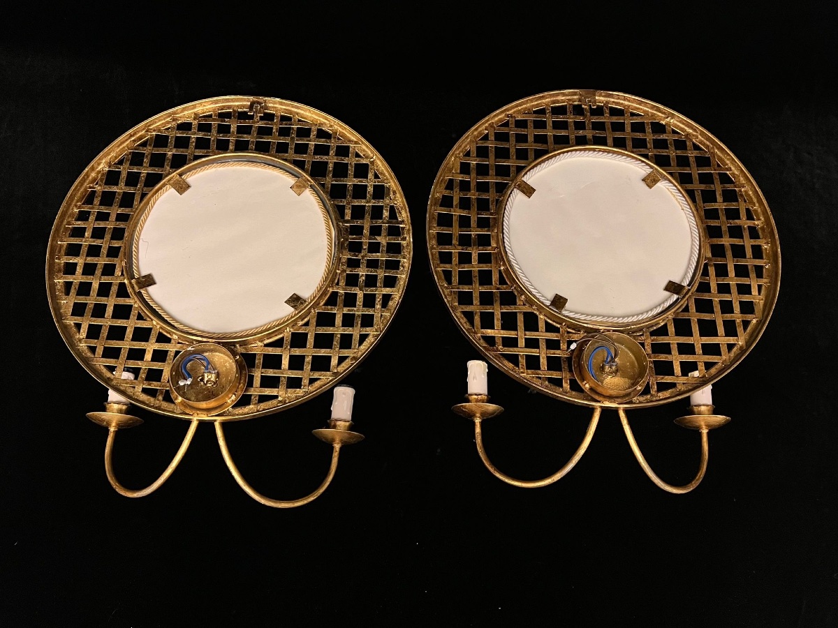 Two Brass Wall Sconces  With Mirrors -photo-2