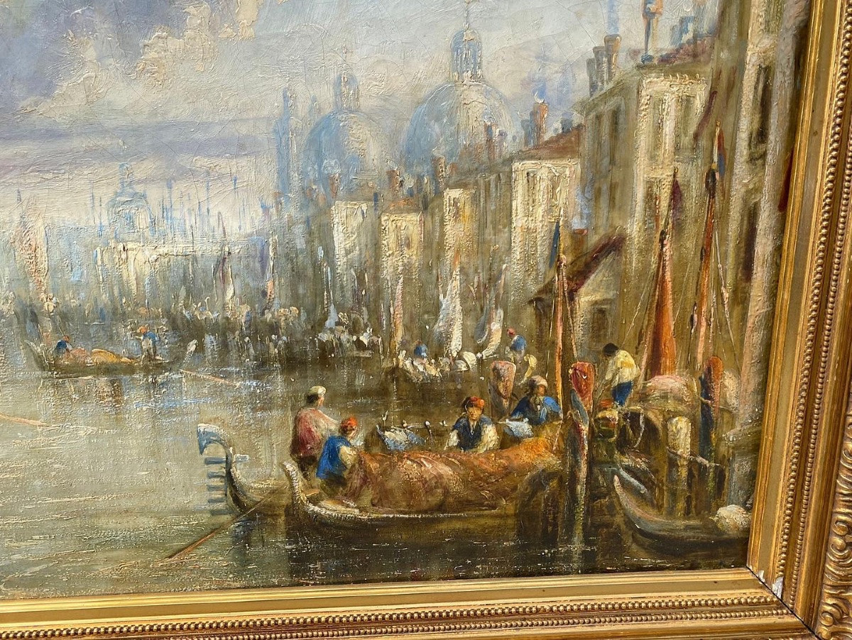 Antique Tableau "Venice",  huile sur toile-photo-2